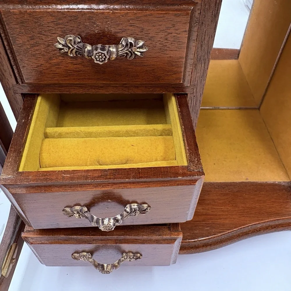 French Provincial Style Wooden Jewelry Armoire Chest Box Case Gold Glass Doors